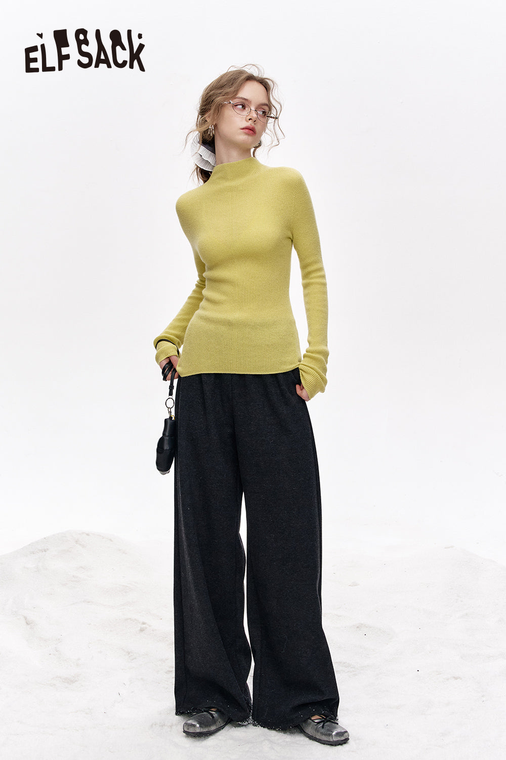ELFSACK 100% wool half turtleneck solid color long sleeves sweater