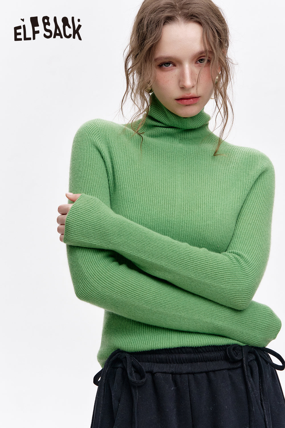 ELFSACK 100% wool high neck solid color long sleeves sweater