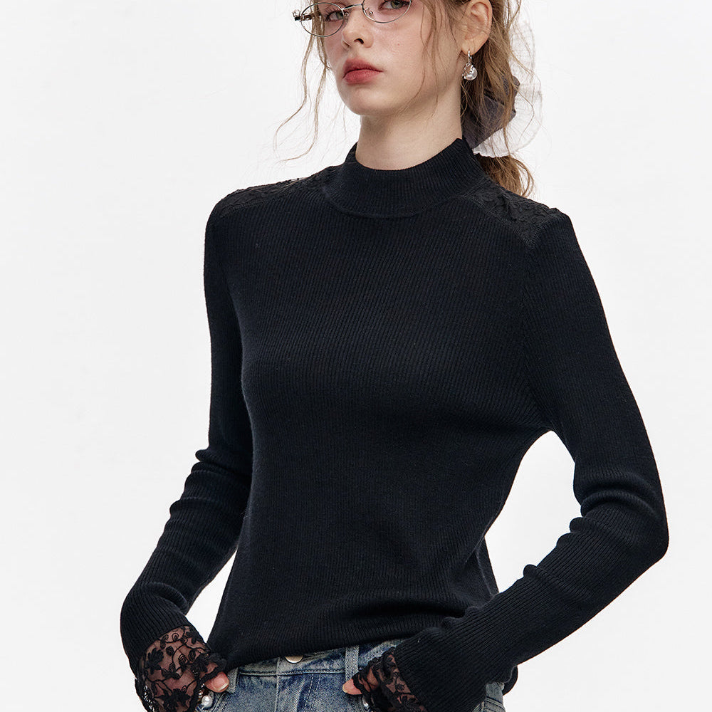 
                  
                    ELFSACK 2024 Winter New Arrivals Black lace patchwork half turtleneck slim fit knitted pullover
                  
                