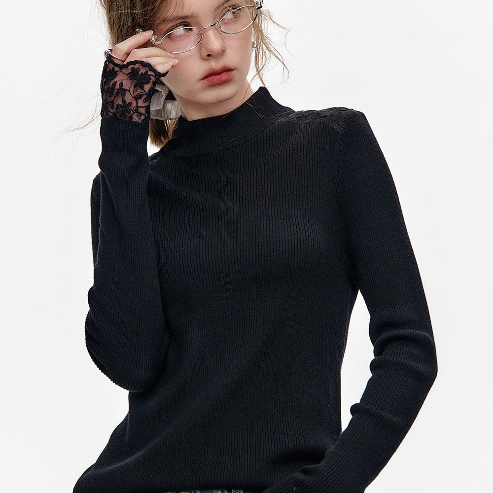 
                  
                    ELFSACK 2024 Winter New Arrivals Black lace patchwork half turtleneck slim fit knitted pullover
                  
                