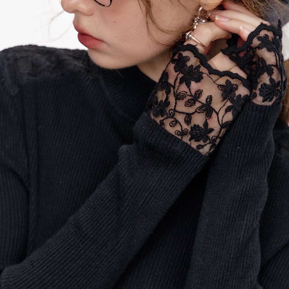 
                  
                    ELFSACK 2024 Winter New Arrivals Black lace patchwork half turtleneck slim fit knitted pullover
                  
                