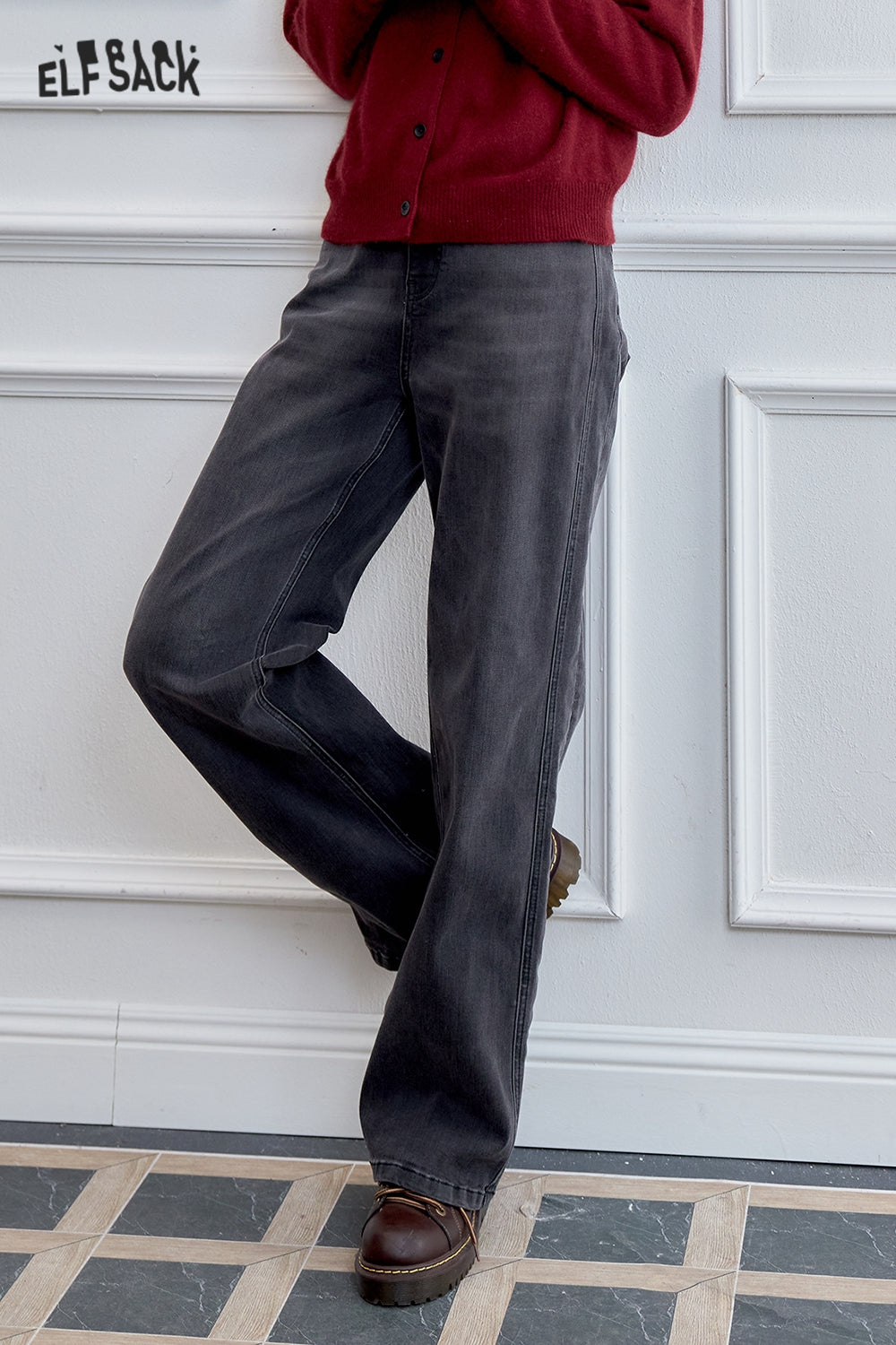 ELFSACK Versatile loose grey straight pants Retro washed wide-leg jeans