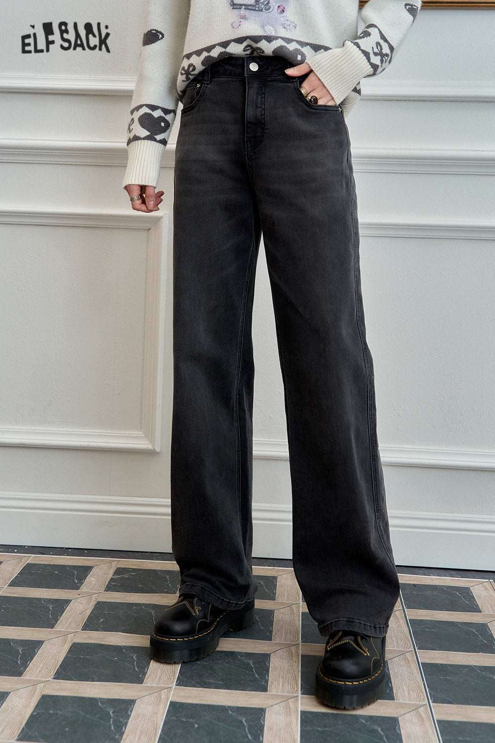 ELFSACK Versatile loose grey straight pants Retro washed wide-leg jeans