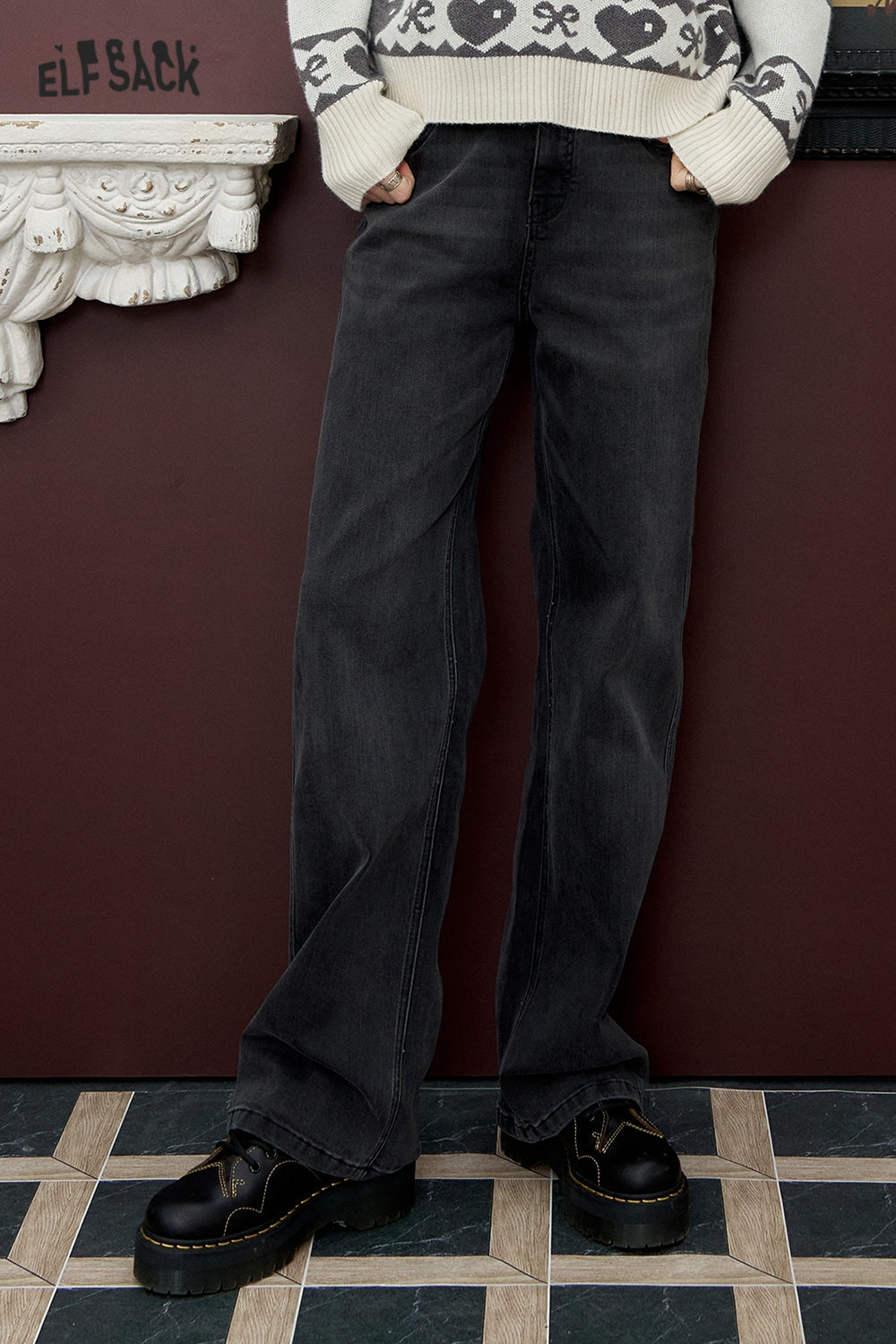 ELFSACK Versatile loose grey straight pants Retro washed wide-leg jeans