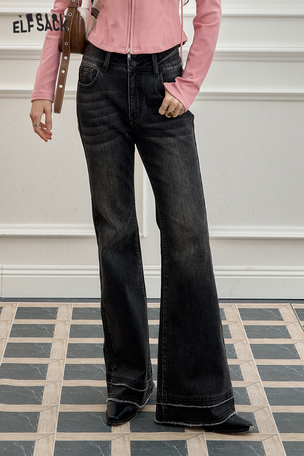 ELFSACK Hot Girl Wide Leg Pants Retro Raw Edge Flared Washed Jeans Women