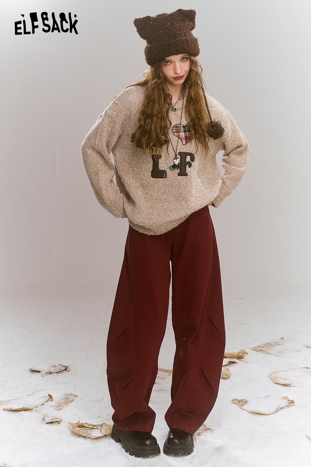 ELFSACK Loose retro trendy red wide leg jeans