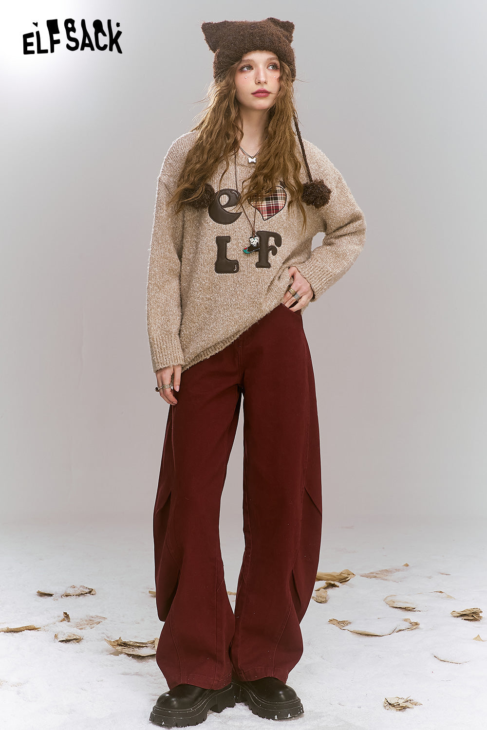 ELFSACK Loose retro trendy red wide leg jeans