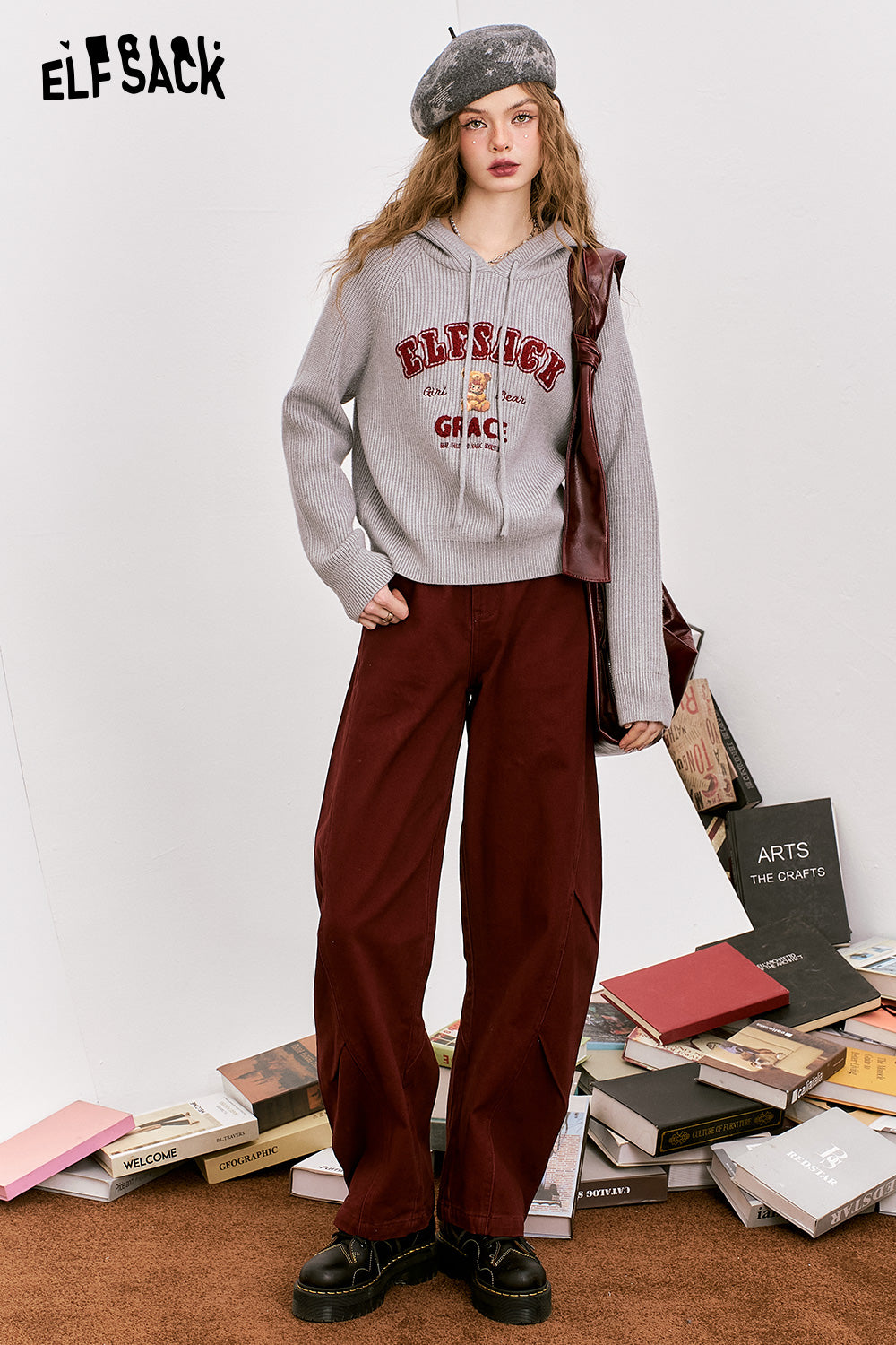 ELFSACK Loose retro trendy red wide leg jeans