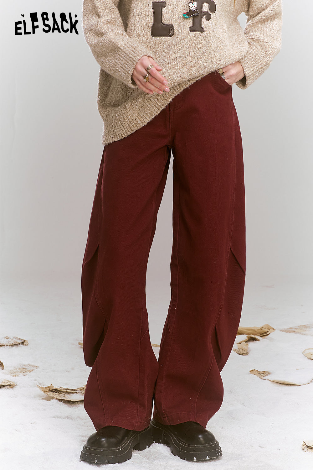 ELFSACK Loose retro trendy red wide leg jeans