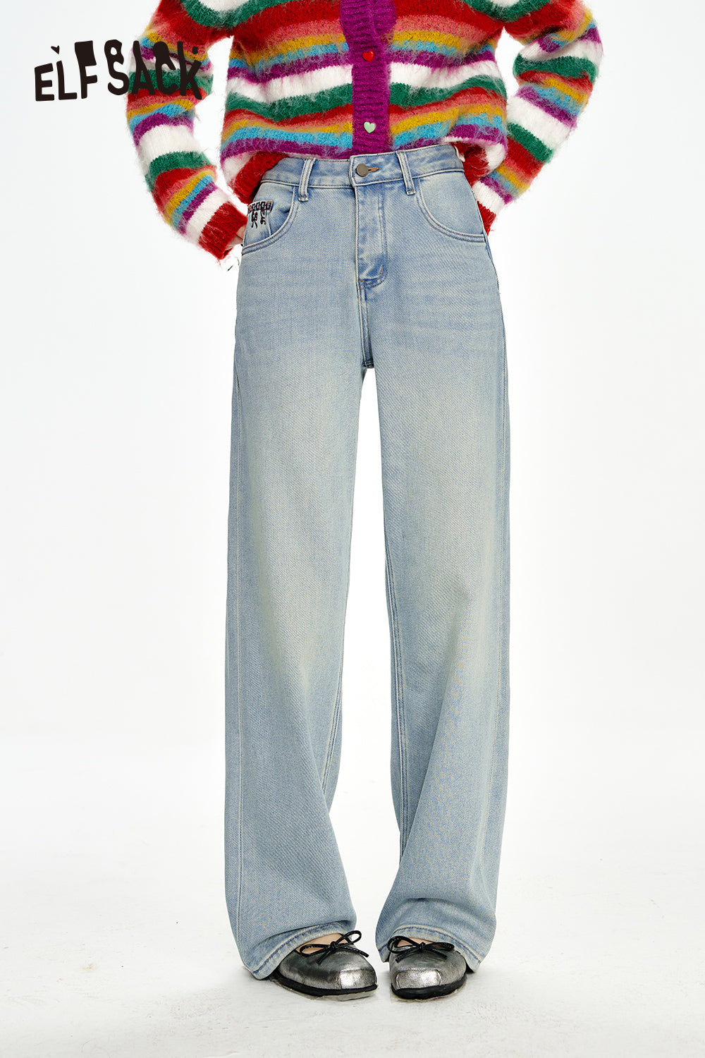 ELFSACK Bow embroidery loose straight blue jeans