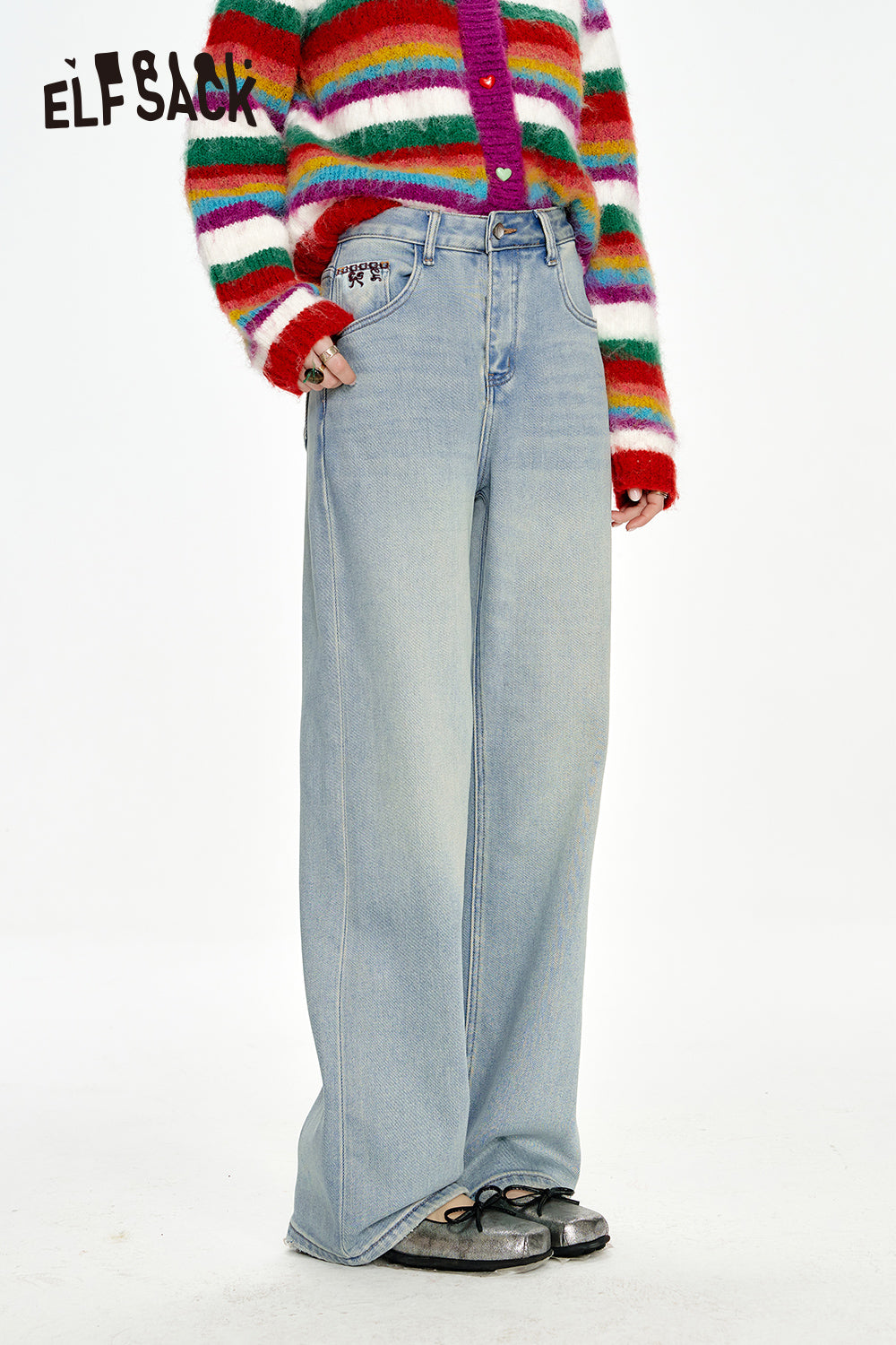 ELFSACK Bow embroidery loose straight blue jeans