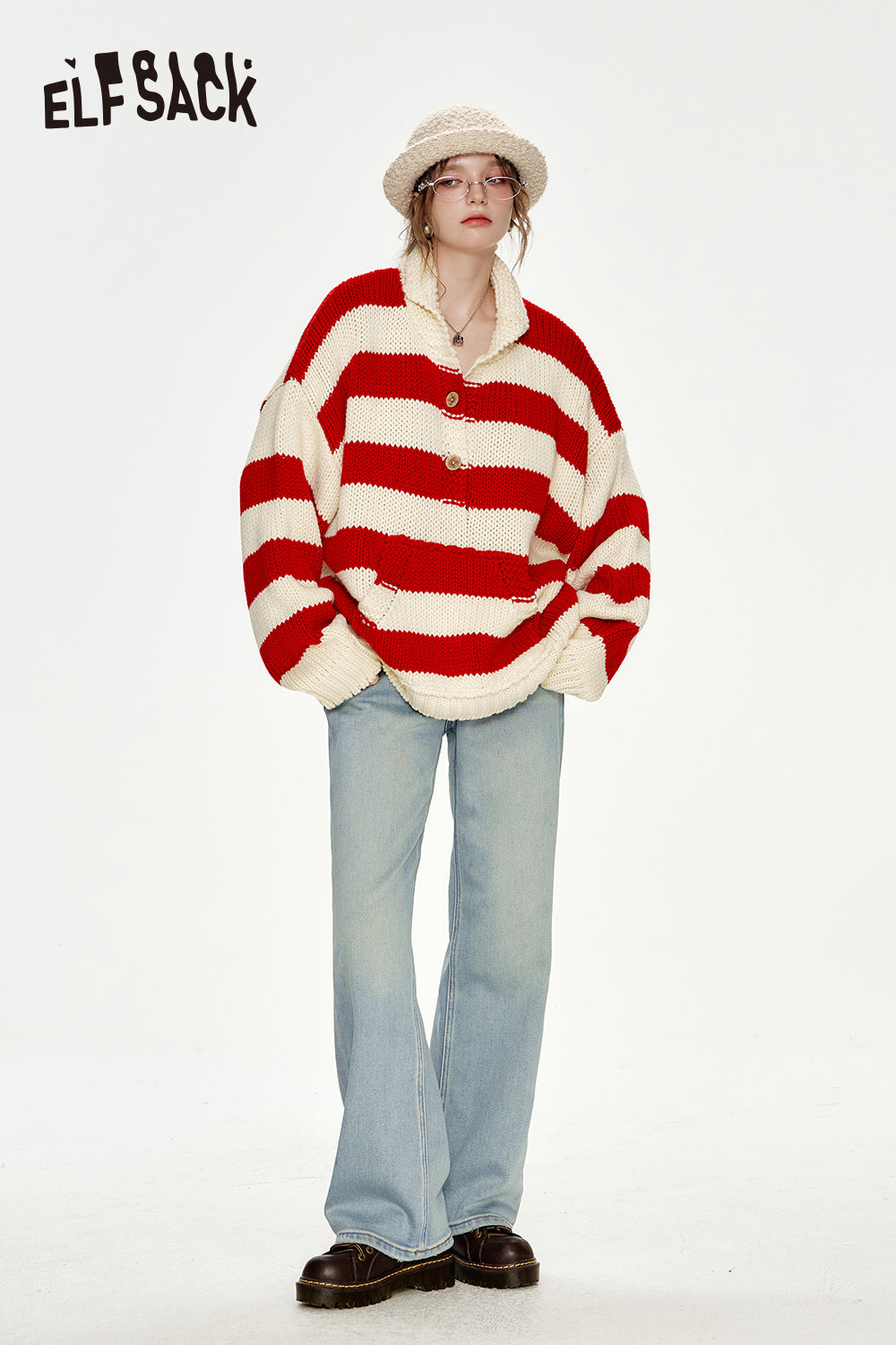 ELFSACK Bow embroidery loose straight blue jeans