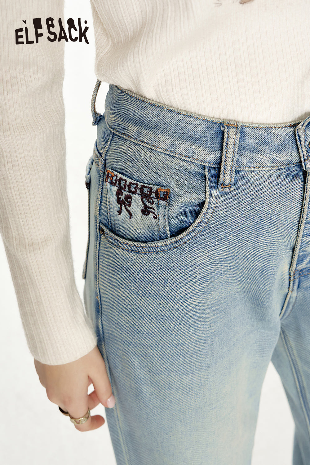 ELFSACK Bow embroidery loose straight blue jeans
