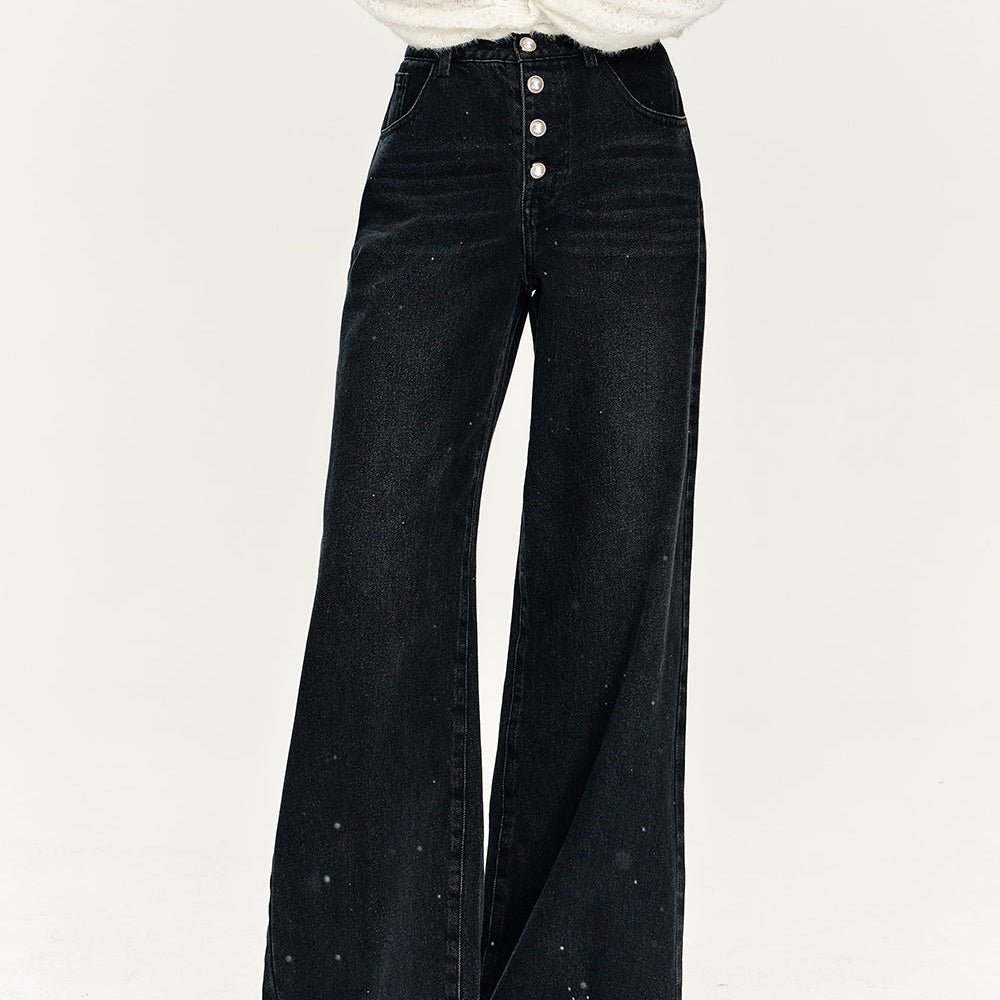 ELFSACK 2024 Winter New Arrivals Pearl Button Black Loose Denim High Waist Wide Leg Pants Women