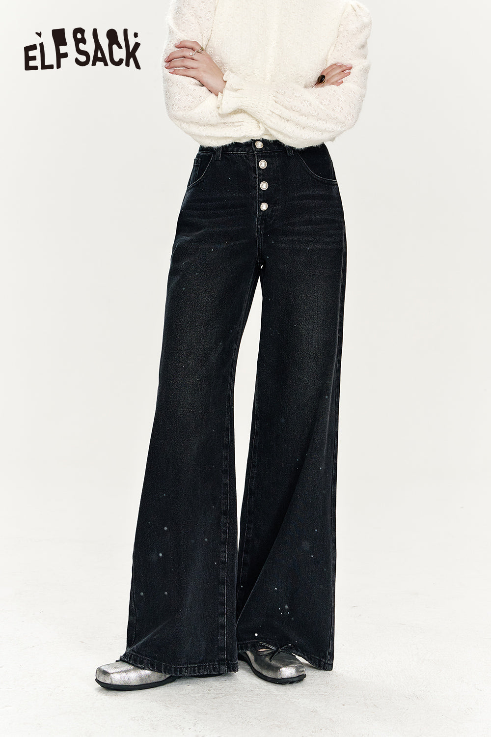 ELFSACK 2024 Winter New Arrivals Pearl Button Black Loose Denim High Waist Wide Leg Pants Women