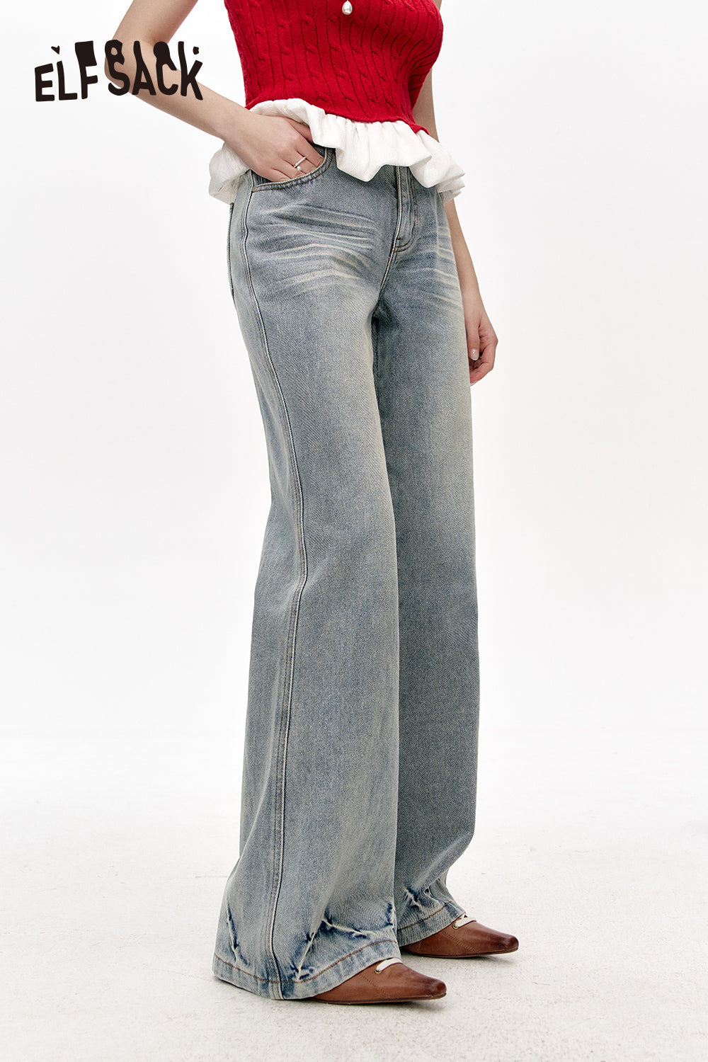 ELFSACK High waist washed slim bootcut jeans