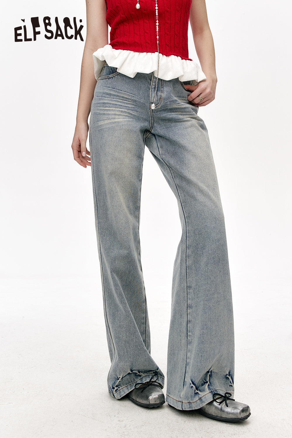 ELFSACK High waist washed slim bootcut jeans