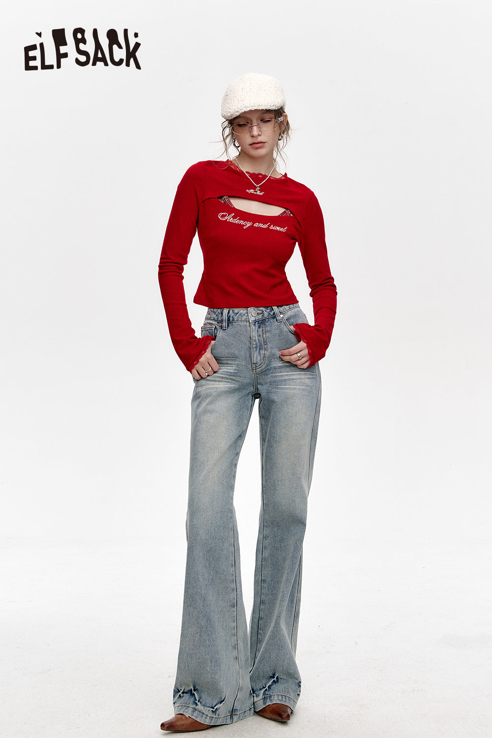 ELFSACK High waist washed slim bootcut jeans