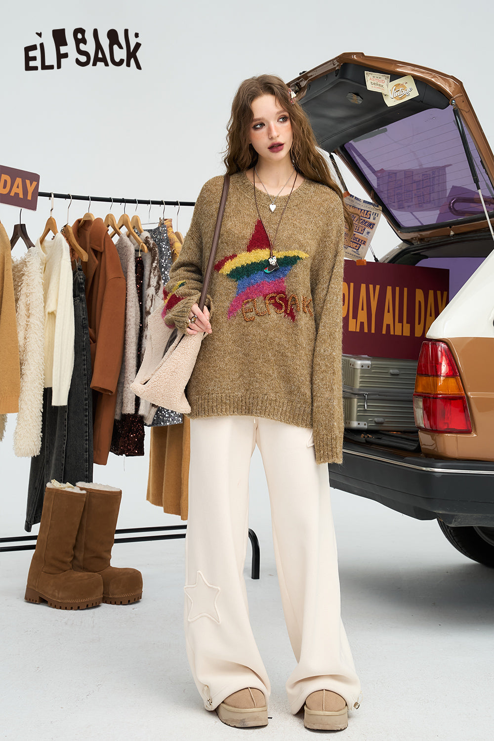 ELFSACK Loose double-sided velvet white star wide leg pants