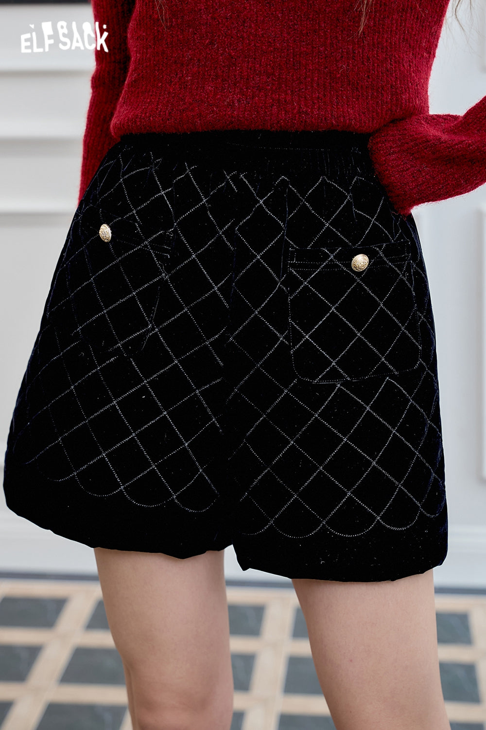 ELFSACK black diamond-shaped imitation velvet shorts, high waist, A-line versatile commuting