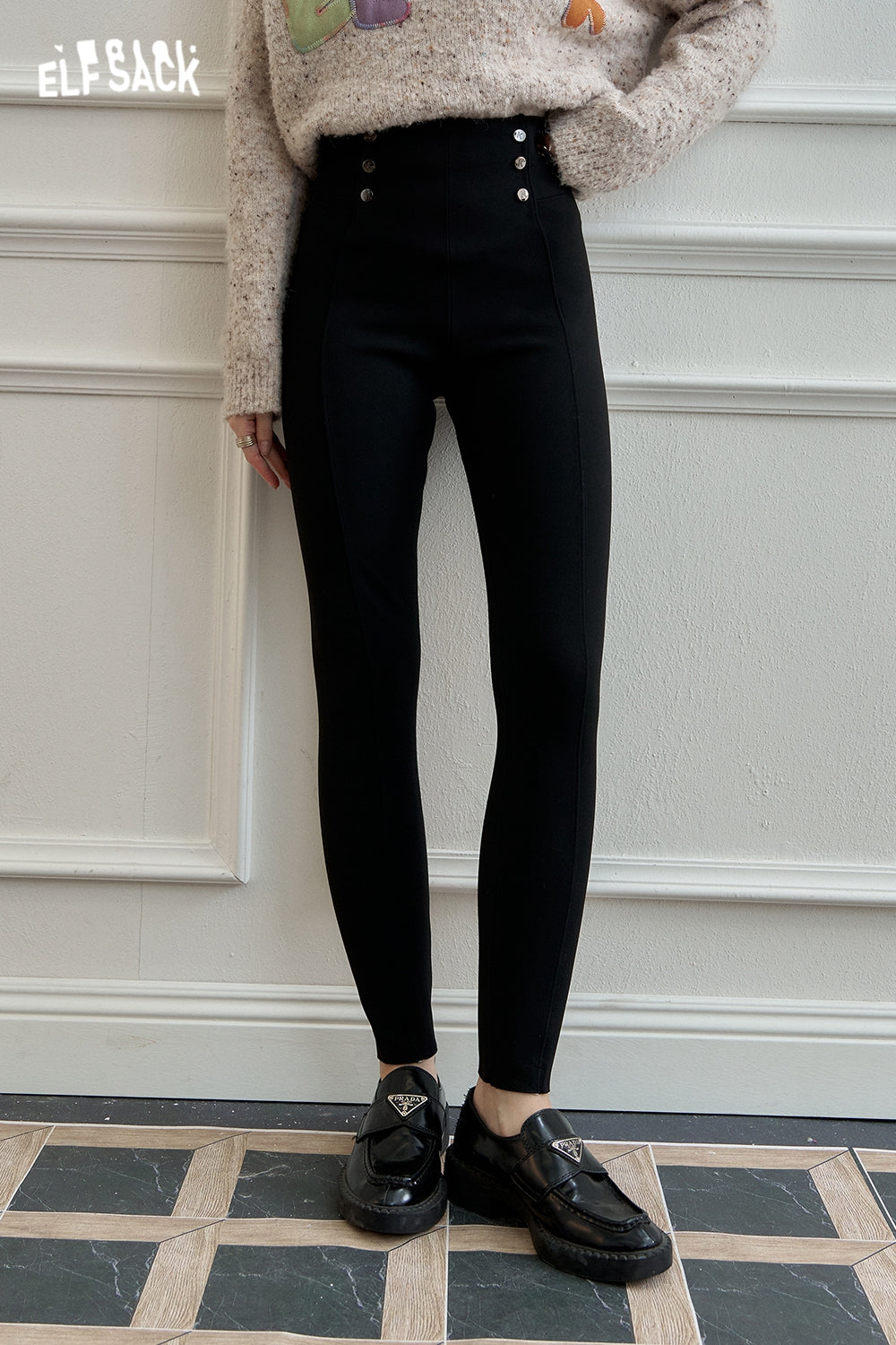 ELFSACK Black high waist tight skinny pants casual all-match slim
