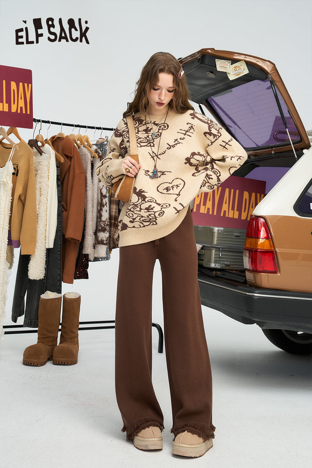 ELFSACK Tassel white casual glutinous rice pants, with a relaxed feel