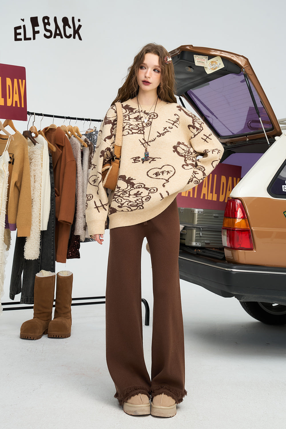 ELFSACK Tassel white casual glutinous rice pants, with a relaxed feel