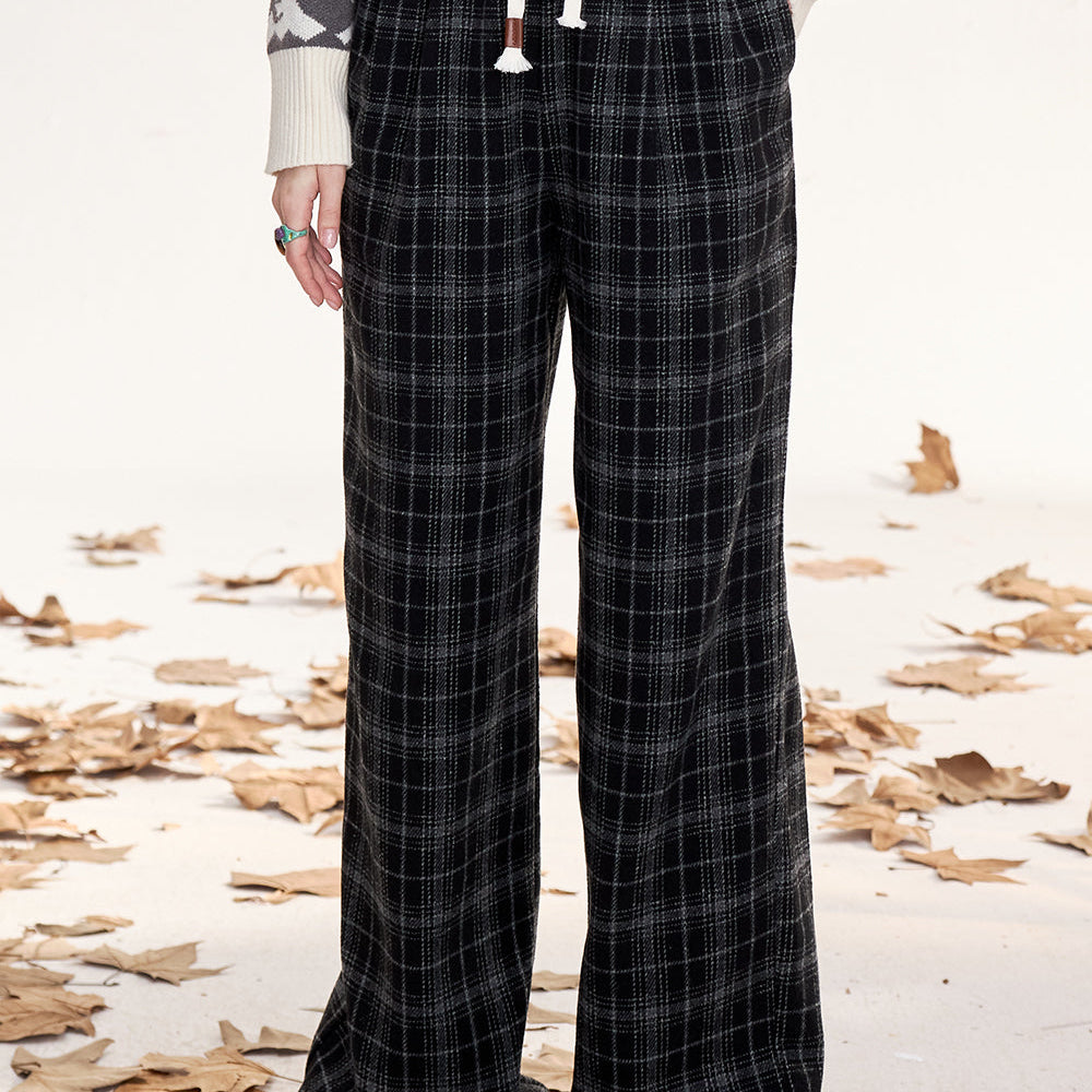 ELFSACK 2024 Winter New Arrivals Retro plaid casual straight pants for women, loose, slim, wide-leg