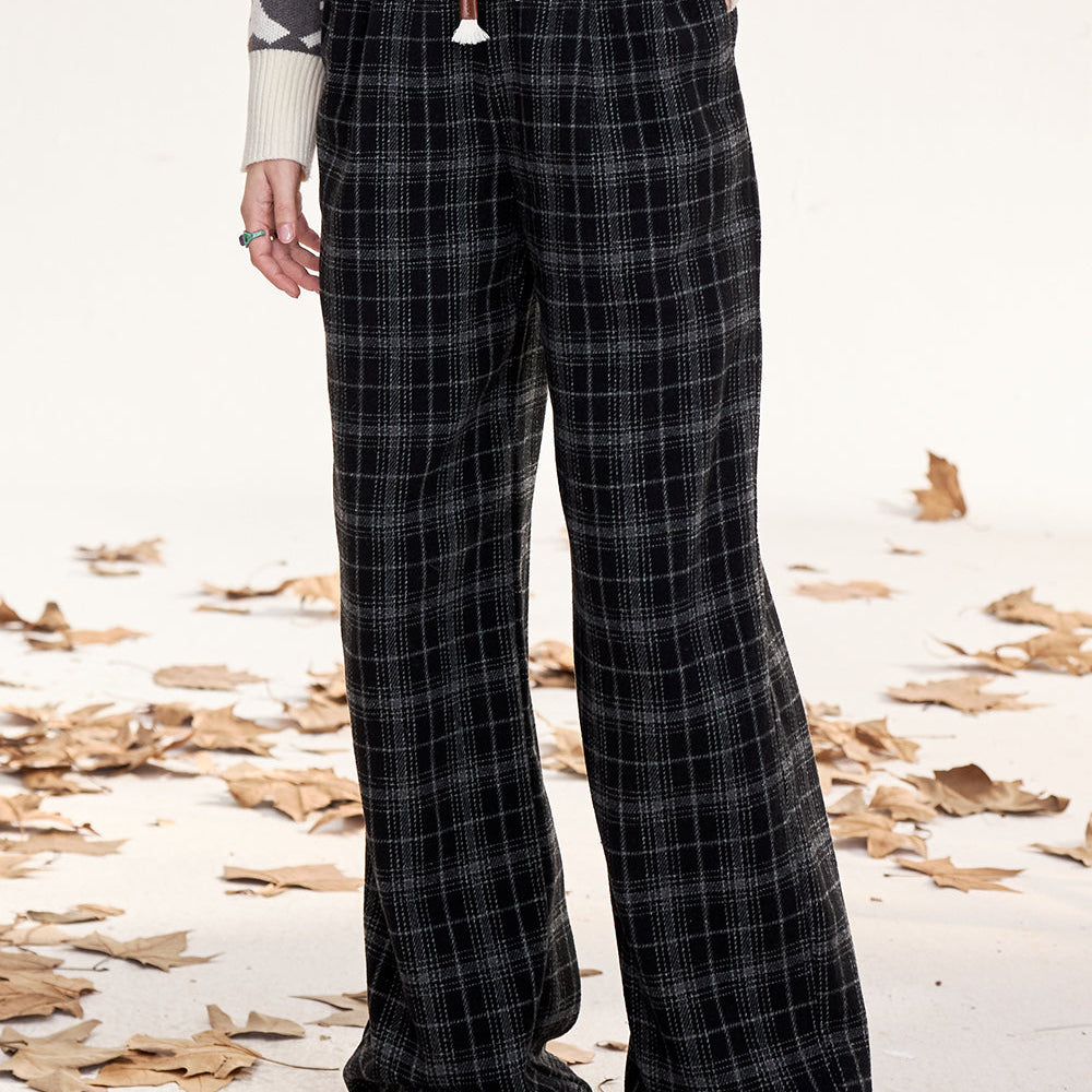 ELFSACK 2024 Winter New Arrivals Retro plaid casual straight pants for women, loose, slim, wide-leg