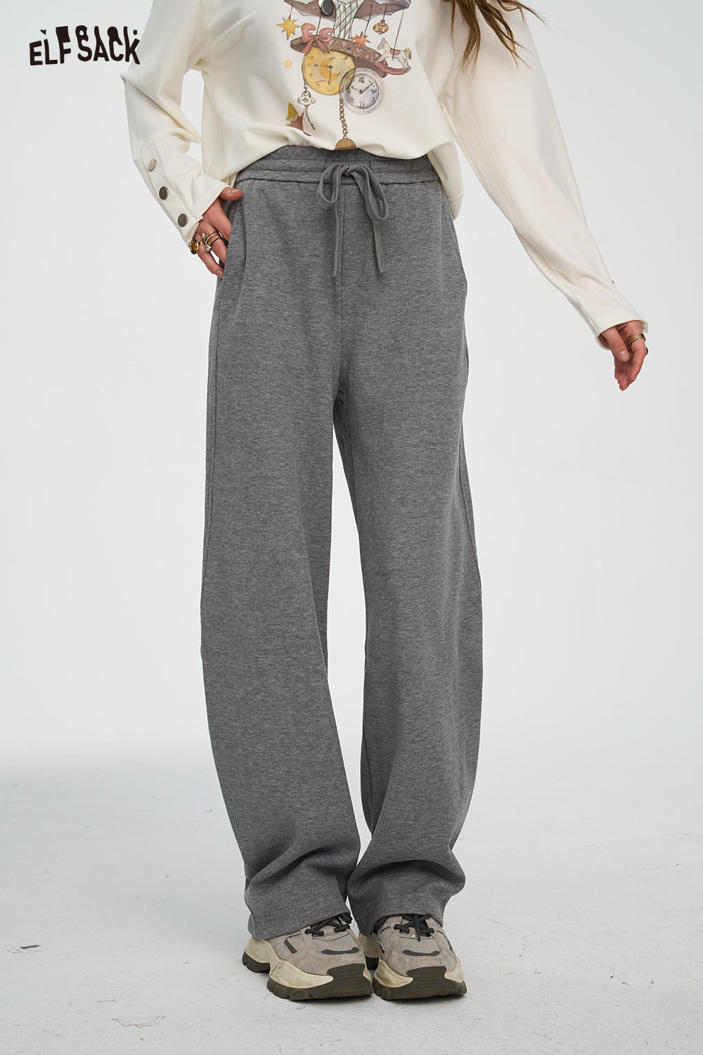 ELFSACK Lazy Style Casual Straight Leg Pants Wide Leg Loose Slim Fit