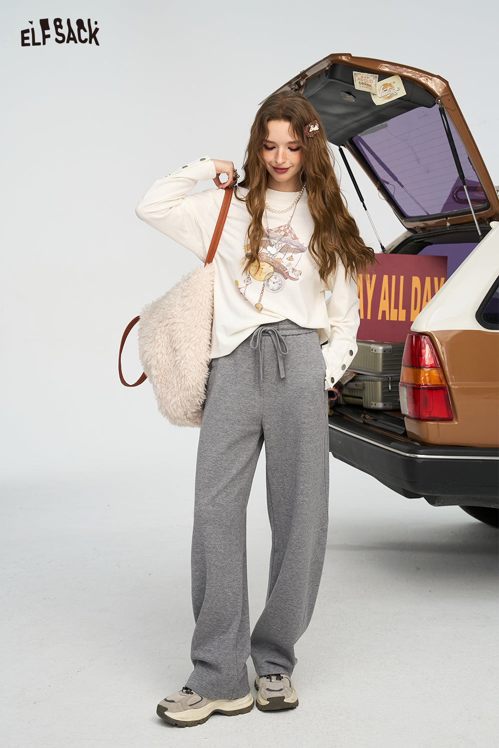 ELFSACK Lazy Style Casual Straight Leg Pants Wide Leg Loose Slim Fit
