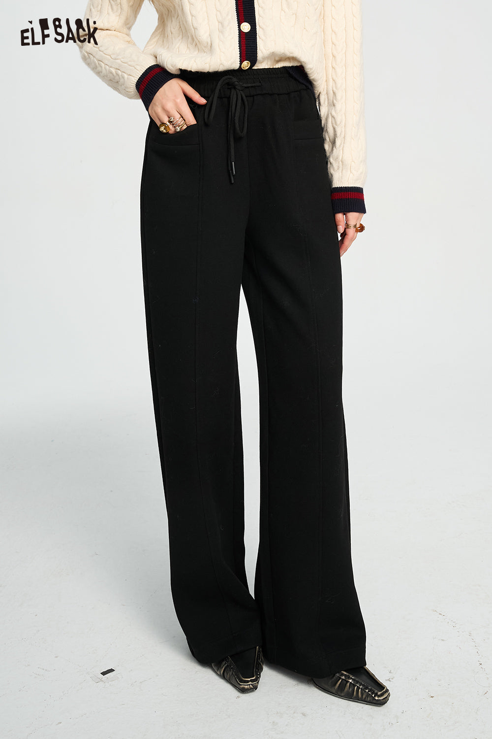 ELFSACK Relaxed Straight Leg Casual Pants Loose Slim Fit Trousers