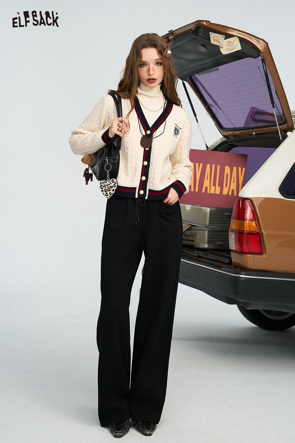 ELFSACK Relaxed Straight Leg Casual Pants Loose Slim Fit Trousers