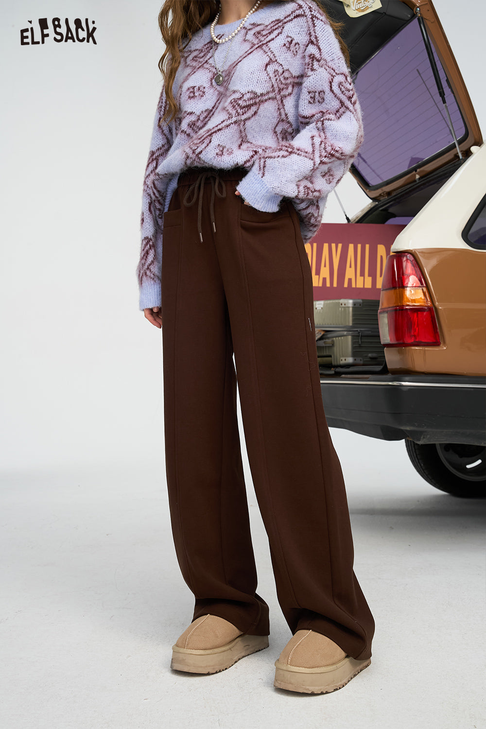 ELFSACK Relaxed Straight Leg Casual Pants Loose Slim Fit Trousers