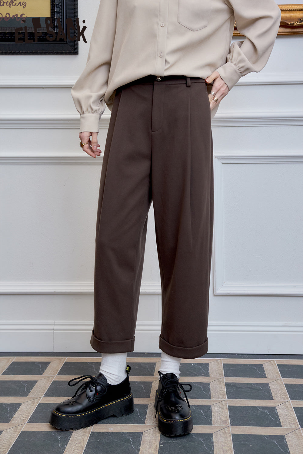 ELFSACK High waisted straight leg harem pants, casual loose nine quarter pants