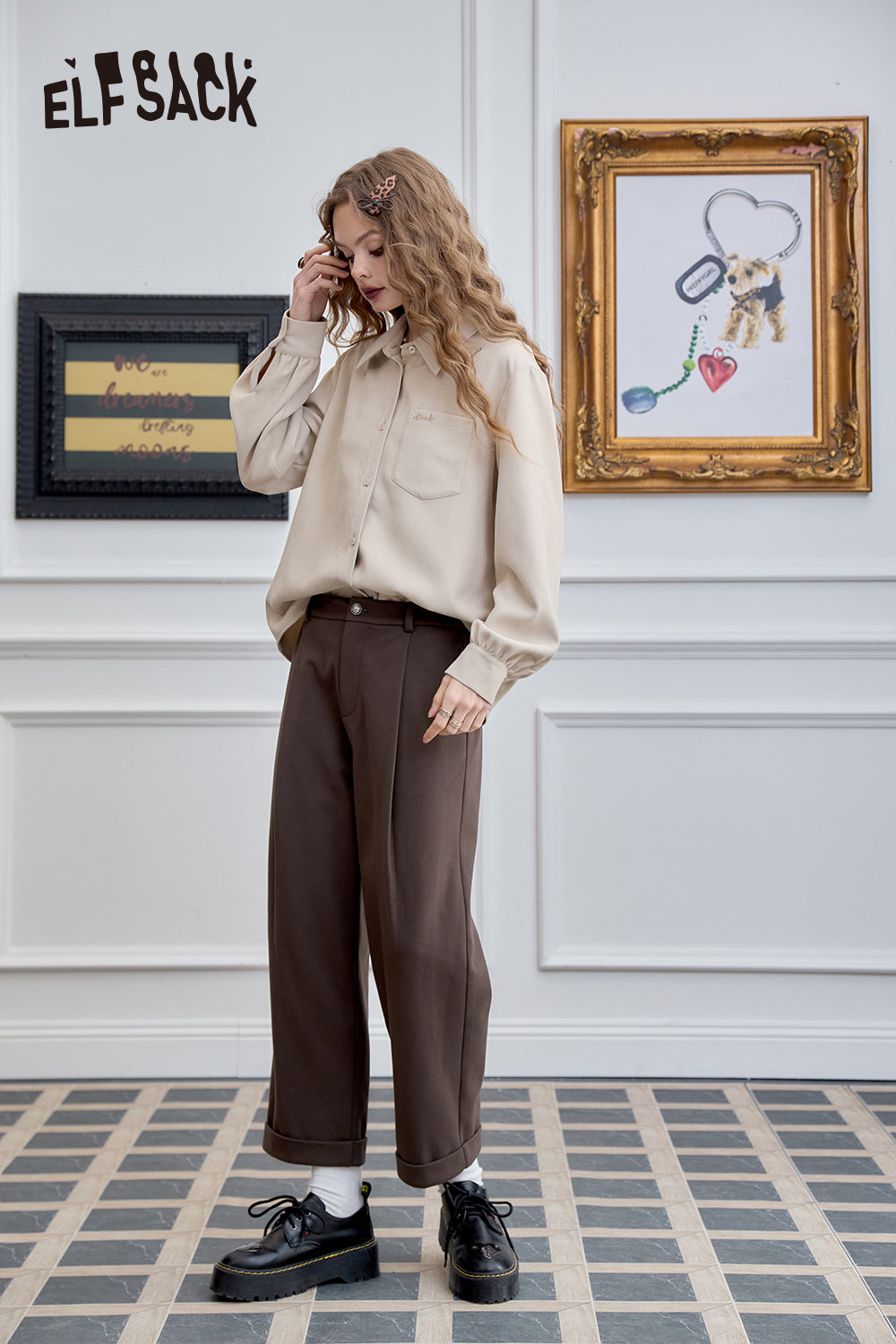 ELFSACK High waisted straight leg harem pants, casual loose nine quarter pants