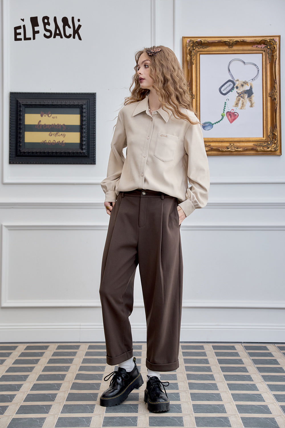 ELFSACK High waisted straight leg harem pants, casual loose nine quarter pants