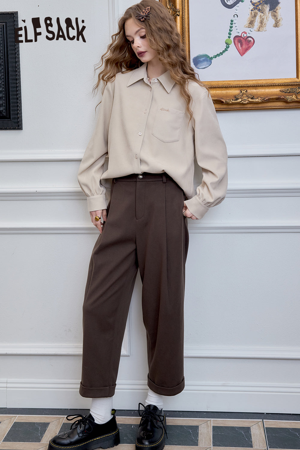 ELFSACK High waisted straight leg harem pants, casual loose nine quarter pants
