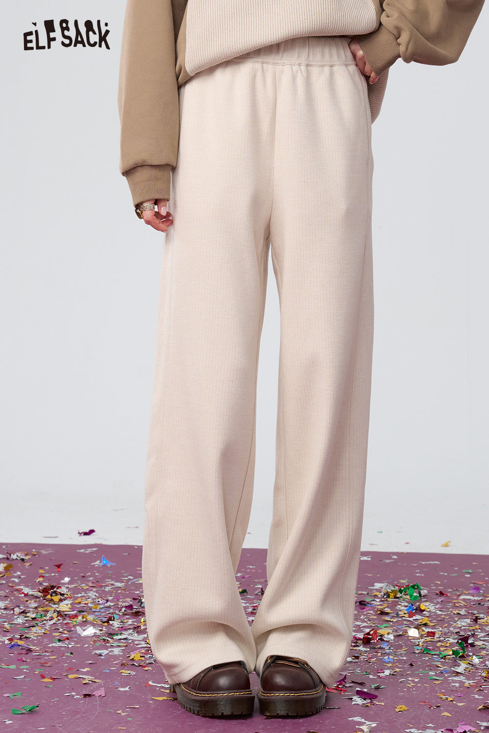 ELFSACK Beige high waist loose straight pants, fashionable and versatile wide-leg pants