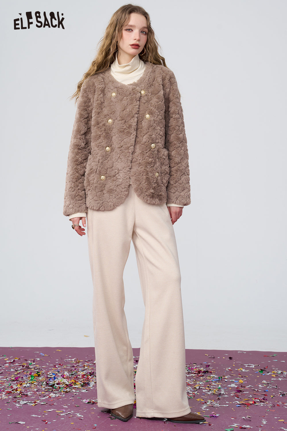 ELFSACK Beige high waist loose straight pants, fashionable and versatile wide-leg pants