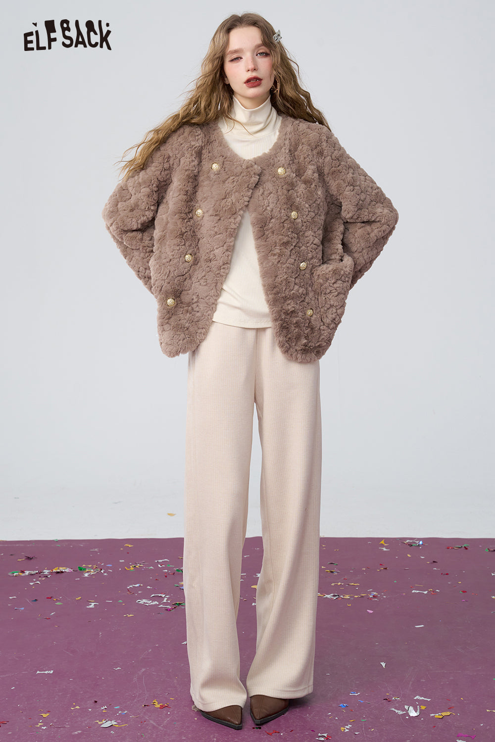 ELFSACK Beige high waist loose straight pants, fashionable and versatile wide-leg pants