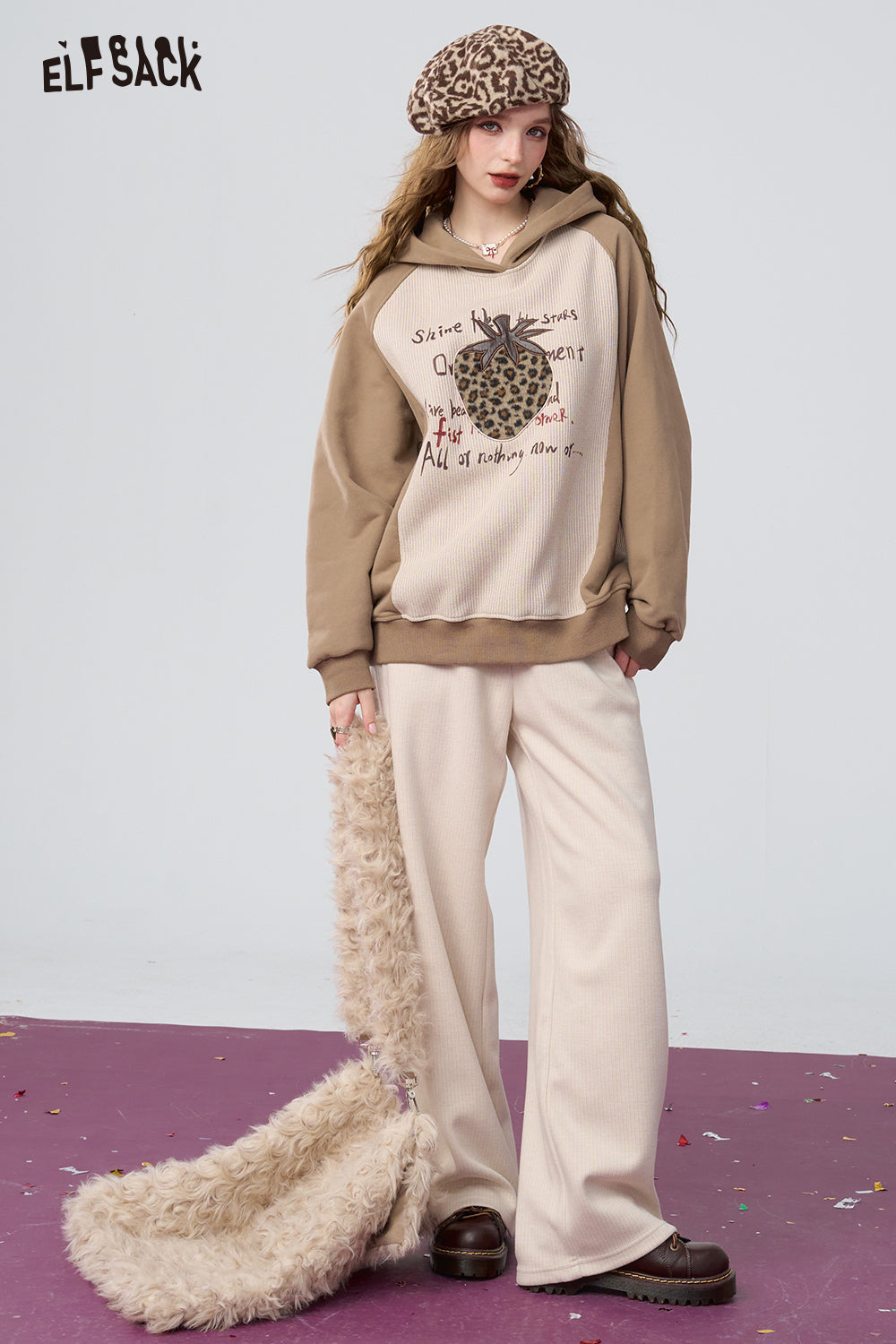 ELFSACK Beige high waist loose straight pants, fashionable and versatile wide-leg pants