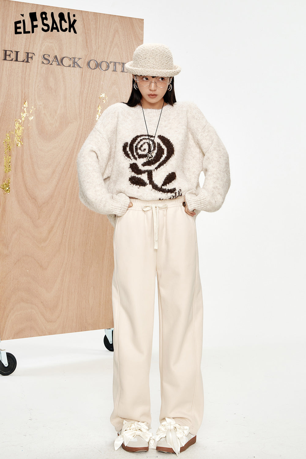 ELFSACK Off-white casual plus velvet soft trousers Loose high waist drawstring trousers