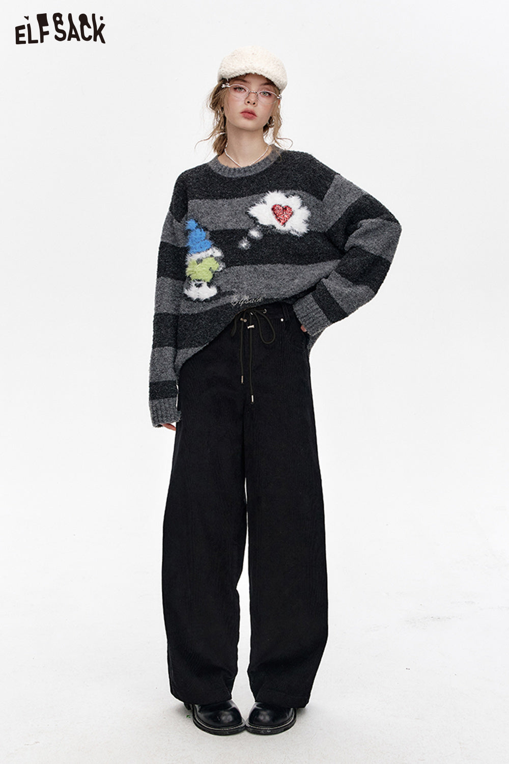 ELFSACK Black simple corduroy wide-leg casual pants