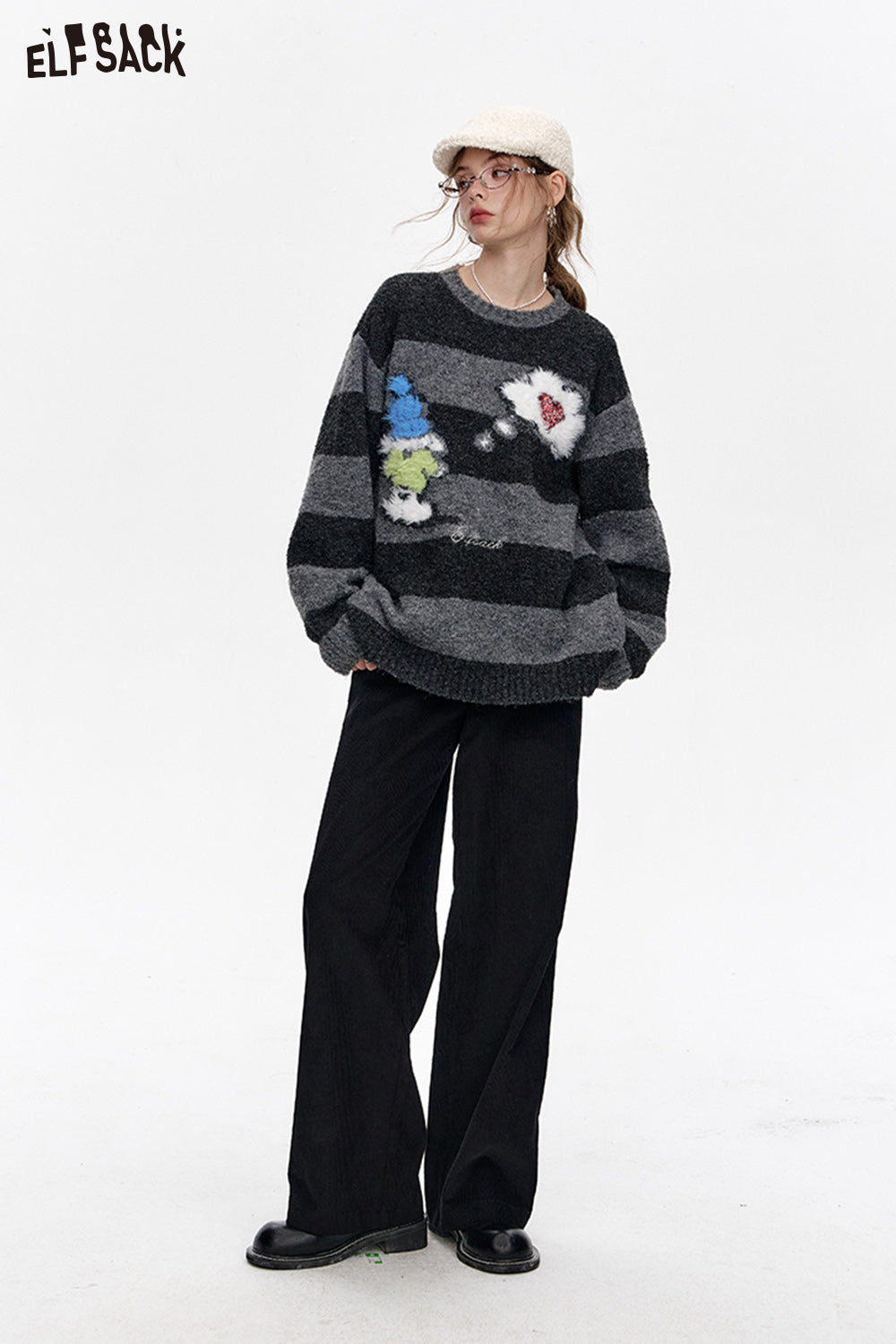 ELFSACK Black simple corduroy wide-leg casual pants