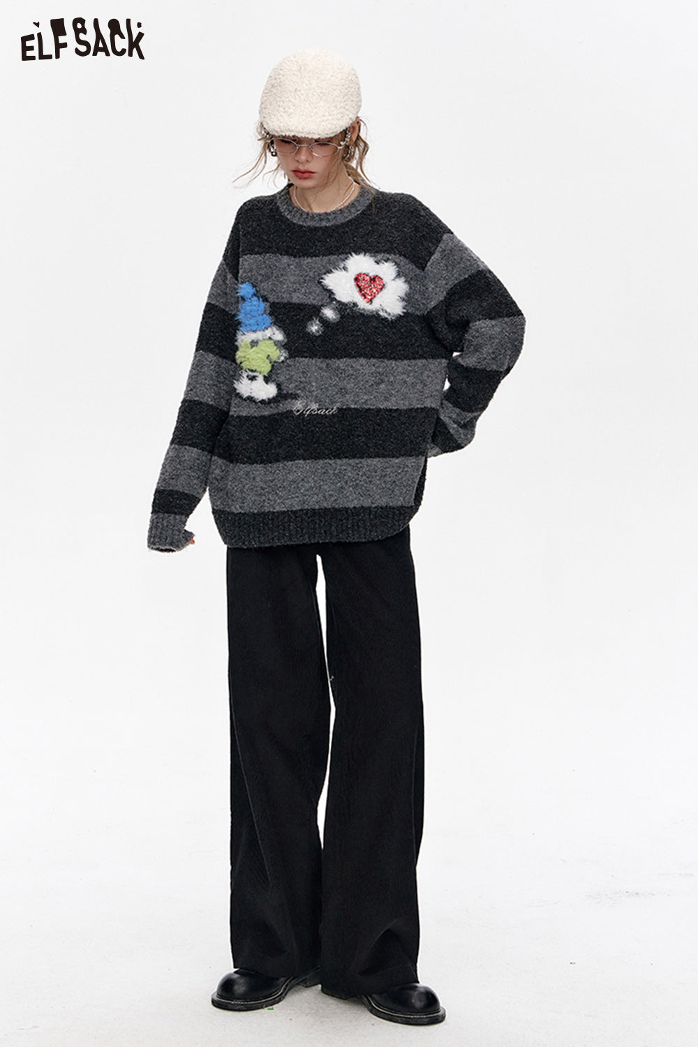 ELFSACK Black simple corduroy wide-leg casual pants