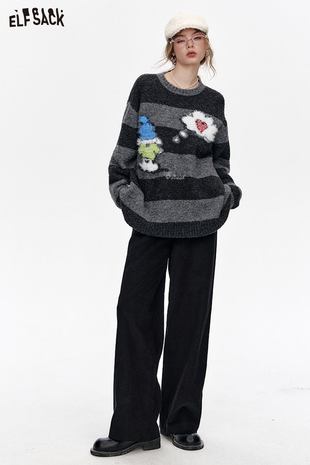 ELFSACK Black simple corduroy wide-leg casual pants