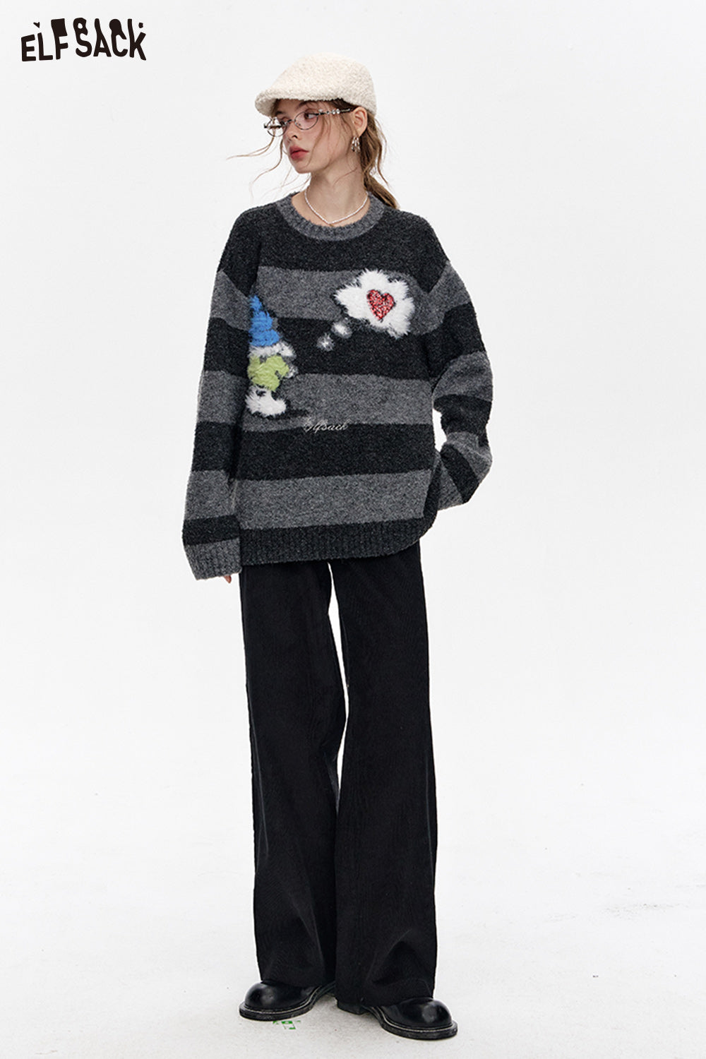 ELFSACK Black simple corduroy wide-leg casual pants