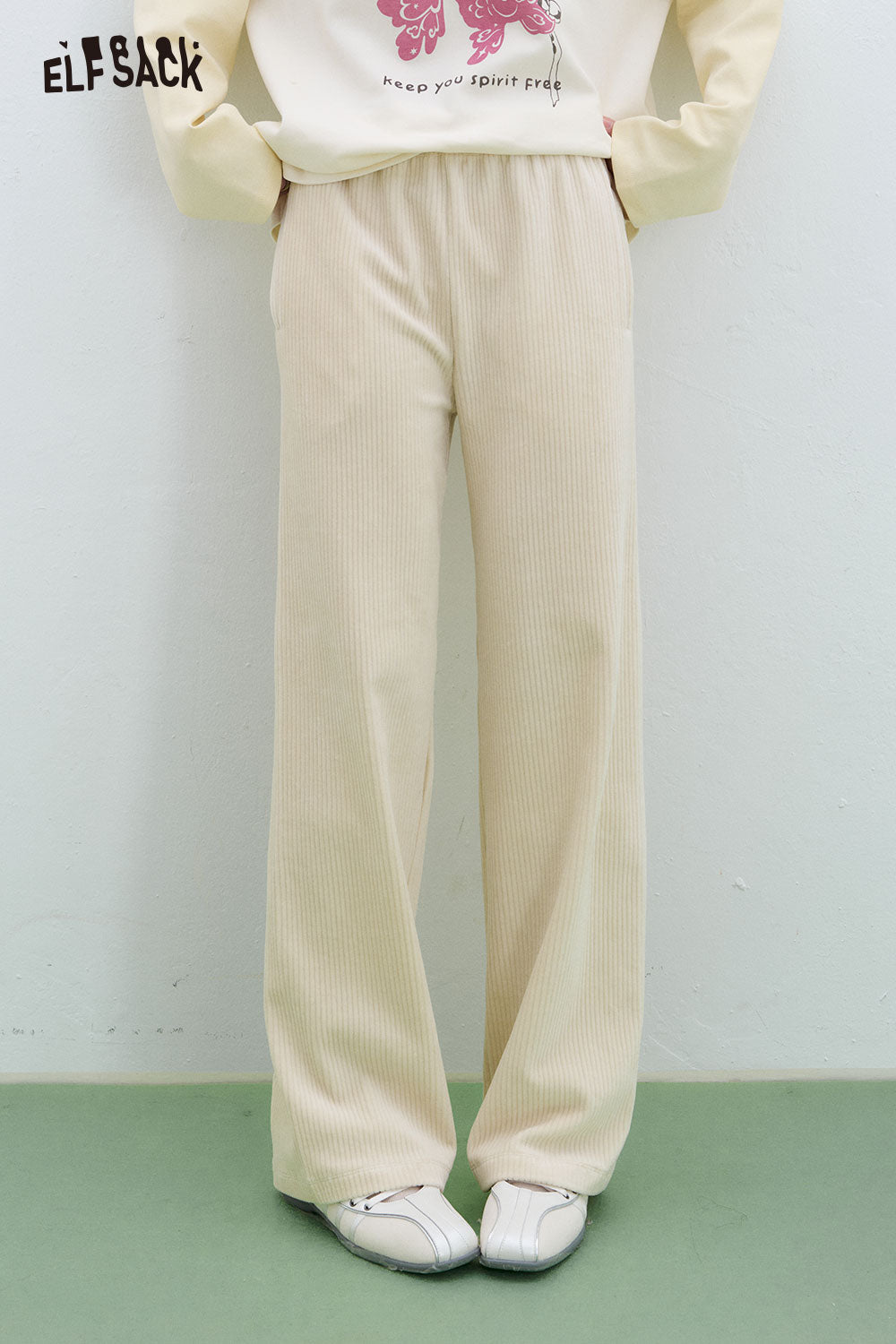 ELFSACK Sweet Basic Corduroy Casual Wide Leg Pants Women Korean clothing
