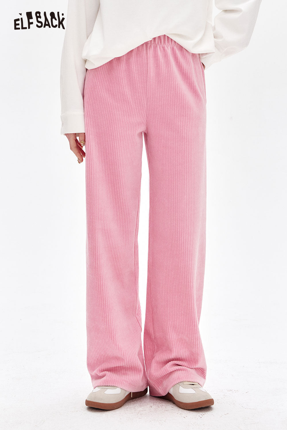 ELFSACK Sweet Basic Corduroy Casual Wide Leg Pants Women Korean clothing